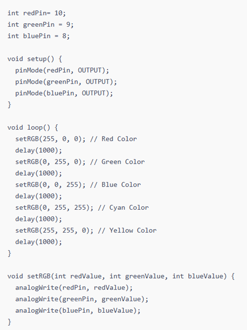 RGB Values to Create Various Colors using Arduino